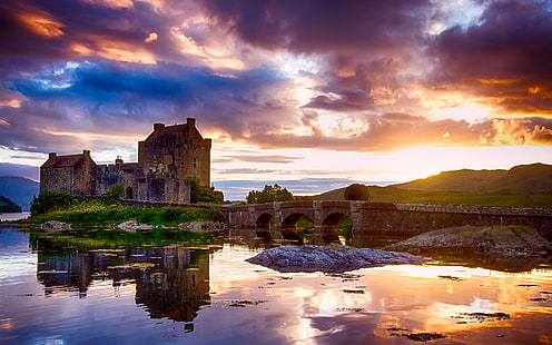 Замъкът Eilean Donan, снимка на залеза, eilean donan, замък, Шотландия, HD тапет HD wallpaper