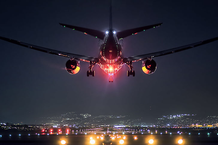 black airliner, landscape, lights, the plane, Japan, airport, Osaka, Boeing 787, HD wallpaper