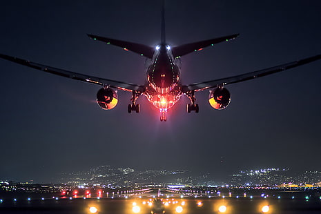 black airliner, landscape, lights, the plane, Japan, airport, Osaka, Boeing 787, HD wallpaper HD wallpaper