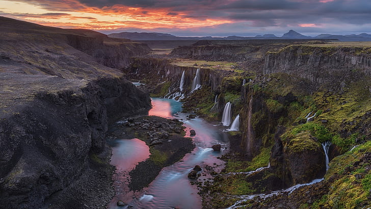 waterfall, iceland, valley of tears, valley, fjaðrárgljúfur, river, fjaðrá river, fjadrargljufur canyon, rock formation, fjadra river, canyon, landscape, cliff, HD wallpaper