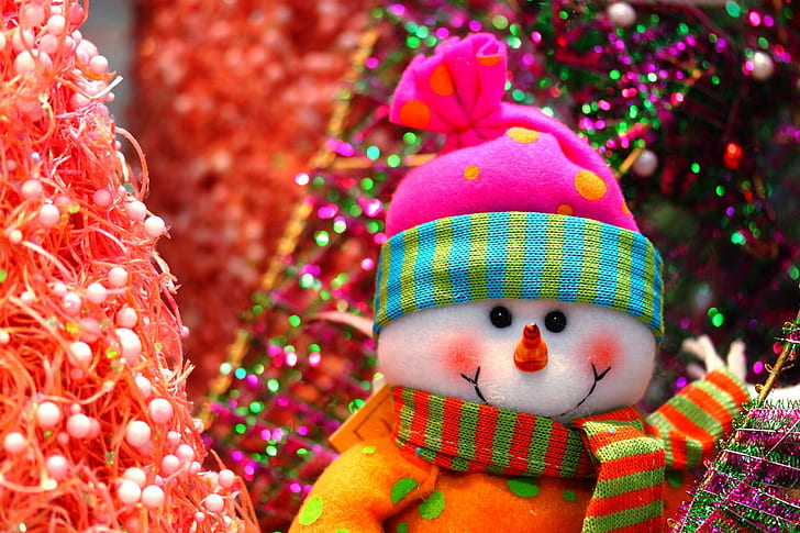 Feliz año nuevo, feliz año nuevo, año nuevo, Navidad, vacaciones, muñeco de nieve, árbol de navidad, oropel, Fondo de pantalla HD