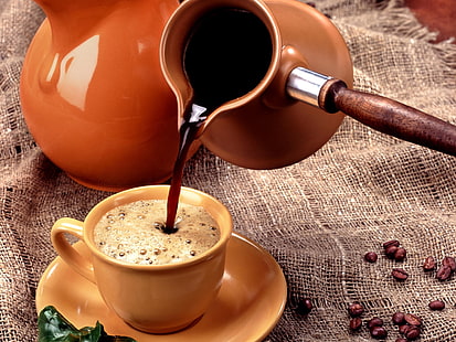 Pires e xícara de cerâmica marrom, café, xícara, bebida, HD papel de parede HD wallpaper