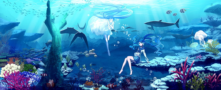Hatsune Miku digitala tapeter under vattnet, Vocaloid, Hatsune Miku, långt hår, twintails, kjol, band, vit klänning, under vattnet, korall, fisk, krabbor, staty, manta strålar, val, animeflickor, anime, HD tapet