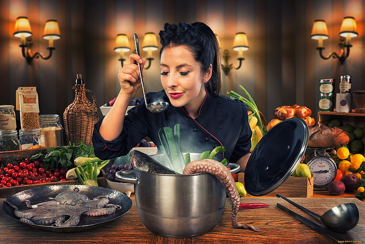 women, kitchen, cooking, octopus, HD wallpaper