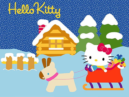 弓クリスマスハローキティアニメハローキティHDアート、かわいい、ピンク、クリスマス、ハローキティ、ドレス、弓、 HDデスクトップの壁紙 HD wallpaper
