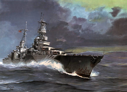 серый галеон корабль живопись, море, волна, арт, сша, портленд, крейсер, Вторая мировая война, тяжелый, CA-33, HD обои HD wallpaper
