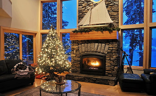 new year, christmas, tree, fireplace, gift, box, new year, christmas, tree, fireplace, gift, HD wallpaper HD wallpaper