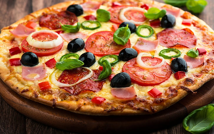 Пица, домат, сирене, шунка и сирене пица, сирене, пица, домат, маслини, наденица, шунка, HD тапет