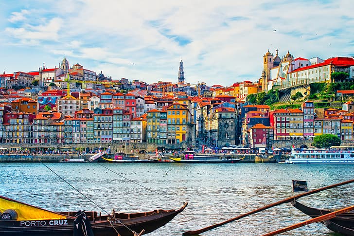 река, здания, дома, лодки, Португалия, Порту, Port, Douro River, Река Дуэро, HD обои