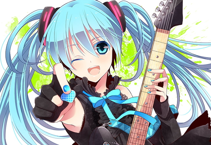 female anime character digital wallpaper, hatsune miku, girl, wink, guitar, bangs, blue hair, HD wallpaper