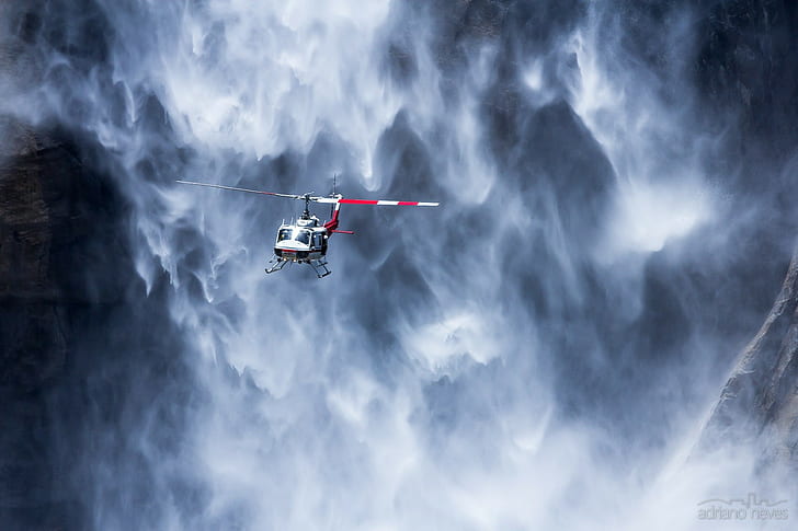 vehicle, helicopters, flying, nature, waterfall, rock, Yosemite National Park, USA, Yosemite Falls, HD wallpaper