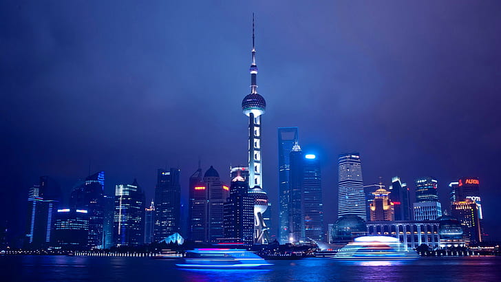 Shanghai, menara China, sungai, langit, lampu, awan, Cina, rumah, menara, pemandangan, Shanghai, malam, Wallpaper HD