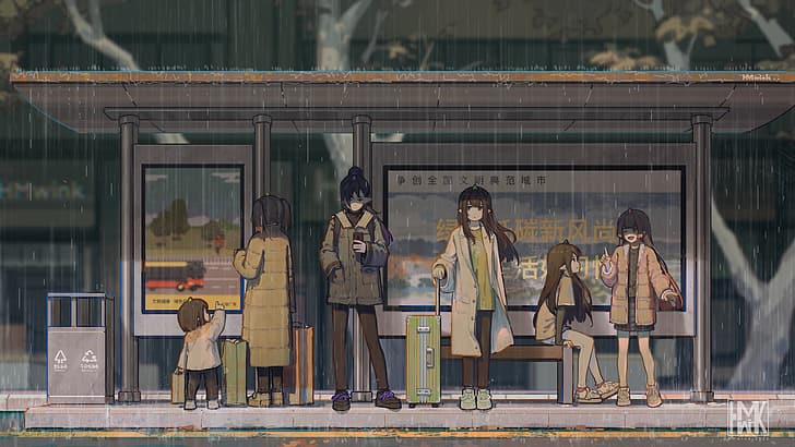 anime girls, artwork, original characters, coats, bus stop, rain, HD wallpaper