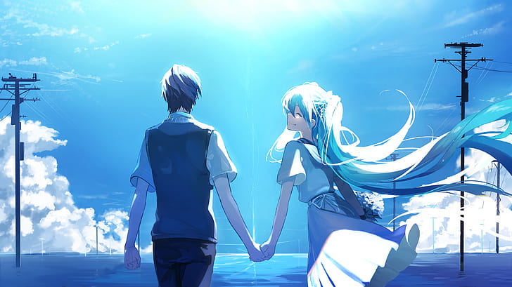clouds, blue hair, bouquet, couple, Vocaloid, Hatsune Miku, Male, pigtails, power lines, water, wind, dress, anime, sky, holding hands, smiling, sunlight, happy, HD wallpaper