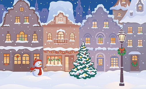 иллюстрация снеговика и рождественской елки, зима, снег, город, город, елка, новый год, дома, снеговик, дома, с Рождеством Христовым, город, елка, HD обои HD wallpaper
