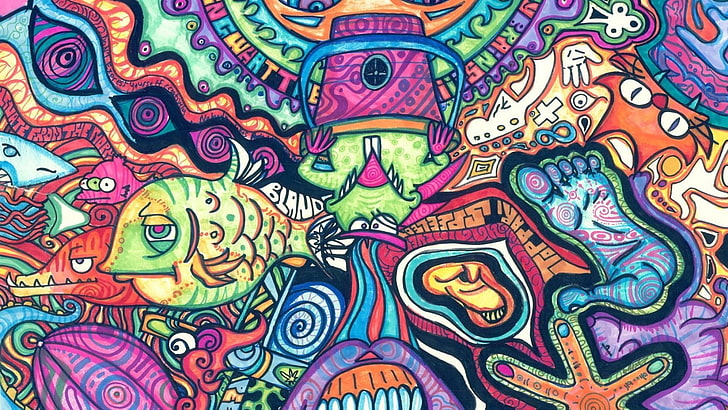 signs, hippie, psychedelic, fish, artwork, traditional, trippy art, HD wallpaper
