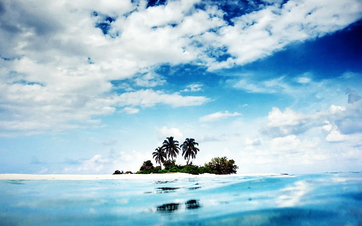 Land, Insel, Meer, Klar, Blaues Wasser, Himmel, Wolken, Unbewohnt, Palmen, HD-Hintergrundbild