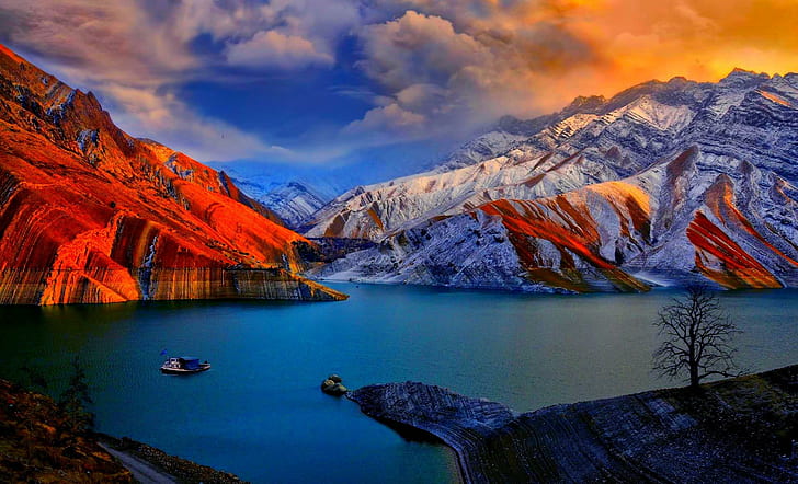Amir Kabir Dam,iran, mountain, water, iran, animals, HD wallpaper