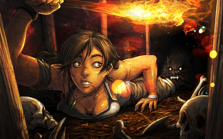 kobieta czołgająca się w pobliżu czaszek tapeta, kobiety, Lara Croft, Tomb Raider, Rise of Tomb Raider, gry wideo, Tapety HD