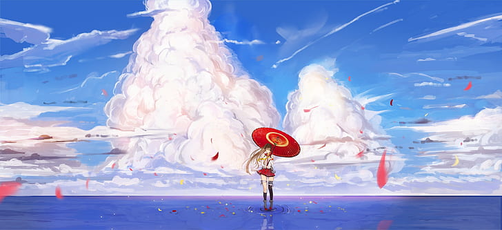 Kantai Collection, umbrella, clouds, water, Yamato (KanColle), HD wallpaper