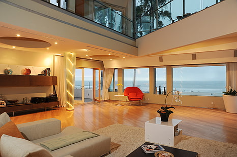mesa de madera blanca y sillón rojo, diseño, estilo, villa, interior, sala de estar, sala de estar con vista al mar, Fondo de pantalla HD HD wallpaper