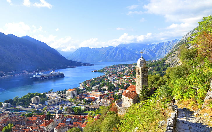 Черна гора, град, къщи, залив, река, планини, Черна гора, град, къщи, залив, река, планини, HD тапет