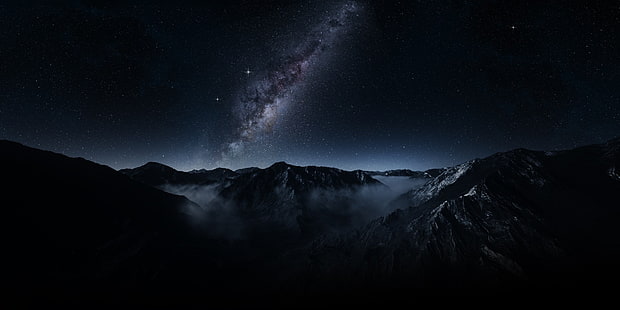 montañas, oscuro, paisaje, larga exposición, Vía Láctea, galaxia, niebla, naturaleza, noche estrellada, Fondo de pantalla HD HD wallpaper