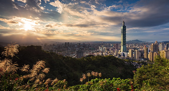 101, Тайвань, Тайбэй, облака, город, здания, городской пейзаж, HD обои HD wallpaper
