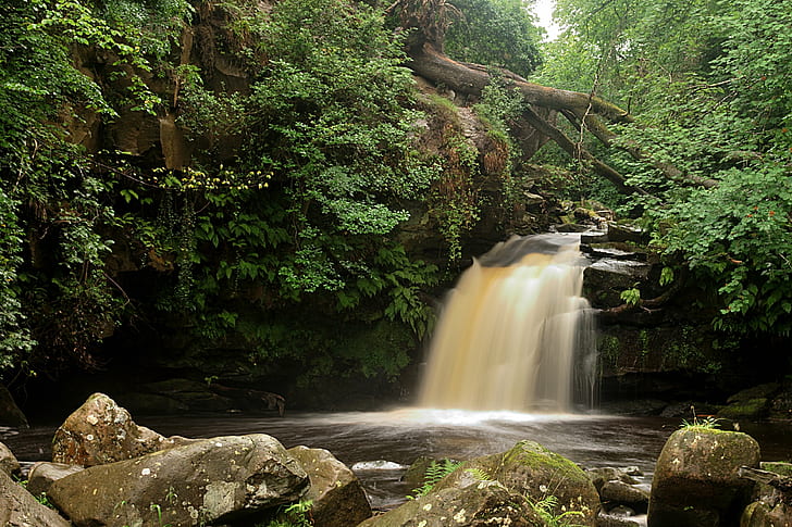 time lapse photo of falls beside trees, Thomason, Foss, time lapse, photo, falls, trees, Yorkshire, Long exposure, Neutral density filter, Long exposures, ND8, Waterfalls, Beck Hole, North York Moors National Park, National Parks, waterfall, nature, forest, stream, river, tree, water, freshness, outdoors, rock - Object, landscape, scenics, beauty In Nature, green Color, tropical Rainforest, HD wallpaper