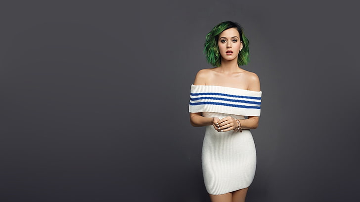 women's white and blue dress, Katy Perry, women, brunette, strapless dress, green hair, HD wallpaper
