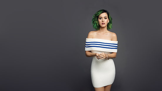 abito bianco e blu da donna, Katy Perry, donna, bruna, abito senza spalline, capelli verdi, Sfondo HD HD wallpaper