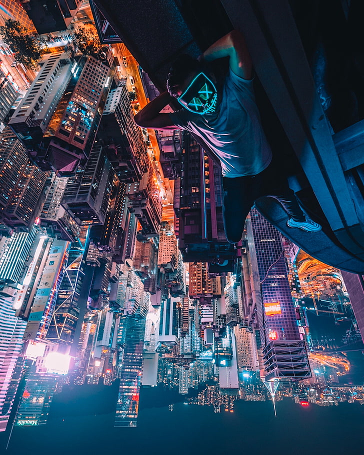 Simon Zhu, Hong Kong, mask, neon, rooftops, skyscraper, urban, architecture, cityscape, night, nightscape, city, Asia, upside down, China, HD wallpaper