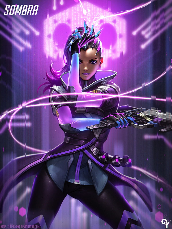 Sombra avatar illustration, anime, anime girls, Overwatch, Sombra (Overwatch), Sombra, long hair, purple hair, purple eyes, weapon, gun, HD wallpaper