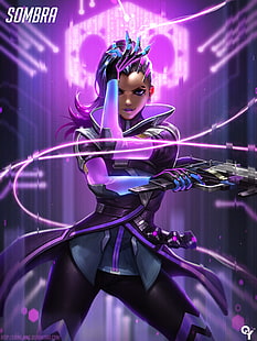 Sombra avatar illustration, аниме, аниме девушки, Overwatch, Sombra (Overwatch), сомбра, длинные волосы, фиолетовые волосы, фиолетовые глаза, оружие, пистолет, HD обои HD wallpaper