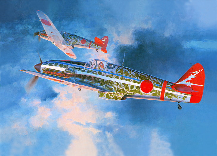 blue and green monoplanes illustration, the sky, clouds, figure, art, fighters, Kawasaki, Japanese, WW2, single, Hasegawa, Ki-61, Ki – 61, HD wallpaper
