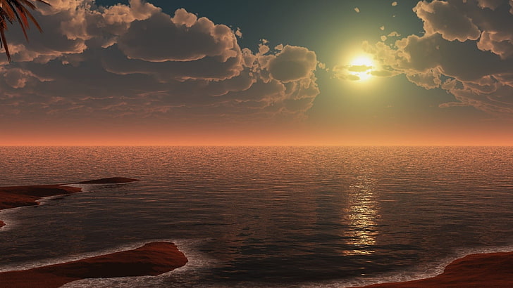 plan d'eau et soleil photo, paysage, coucher de soleil, nuages, mer, Fond d'écran HD