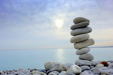 person taking photo of stacked stones with body of water during daytime, Seven Storey, person, photo, stacked, stones, body of water, daytime, nice, pebbles, equilibre, mer, plage, france, méditerranée, balance, pebble, nature, stone - Object, stability, zen-like, rock - Object, stack, sea, harmony, tranquil Scene, beach, stack Rock, heap, relaxation, HD wallpaper HD wallpaper
