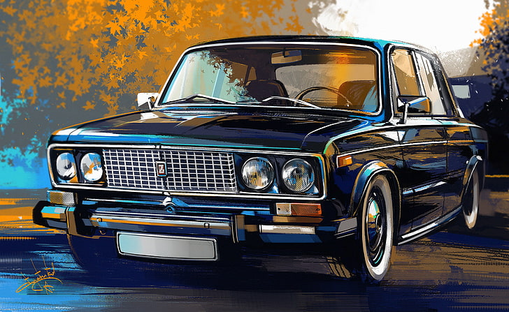 Aleksandr Sidelnikov, mobil, kendaraan, lukisan, jalan, pohon, Lada 1500, tampilan sudut depan, Wallpaper HD