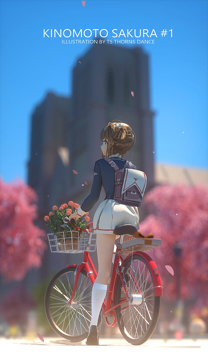 Anime Girls, Fahrrad, Fahrzeug, Card Captor Sakura, Kinomoto Sakura, HD-Hintergrundbild, Handy-Hintergrundbild