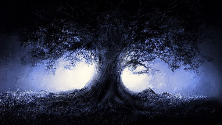sylwetka drzewa na białym tle światła, sztuka cyfrowa, sztuka fantasy, drzewa, Tapety HD