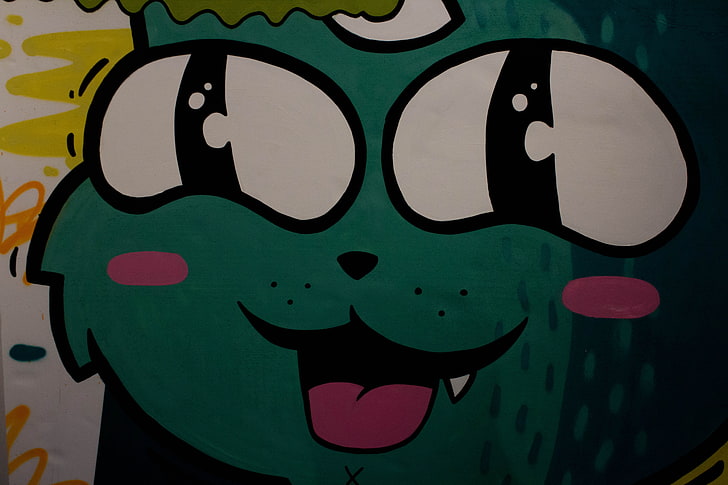 logo zielono-czarnego kota, sztuka uliczna, humor, oczy, kot, Tapety HD