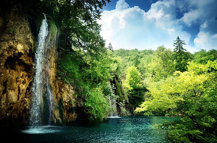 mountain falls, nature, landscape, waterfall, water, HD wallpaper