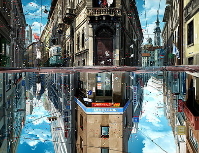 Япония, аниме, город, улица, озеро, отражение, Япония, аниме, город, улица, озеро, отражение, HD обои HD wallpaper