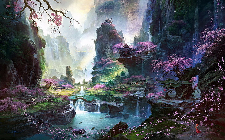 body of water surrounded pink petaled flowers illustration, girl, trees, landscape, mountains, river, rocks, Asia, waterfall, petals, Sakura, art, temple, HD wallpaper