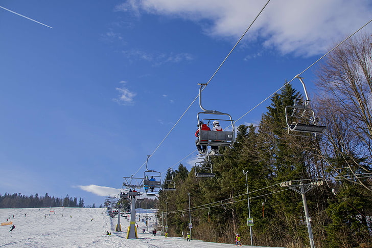 air, cables, clouds, cold, frost, frozen, high, ice, landscape, mountain, outdoors, people, recreation, resort, ski, ski lift, ski resort, ski slope, skier, skiing, sky, slope, snow, snowy, sport, sunny day, trees, white, w, HD wallpaper