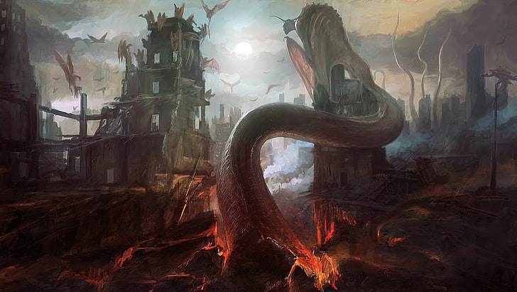 Illustrazione del drago, città, finzione, arte, mostri, distruzione, rovine, demoni, di PeteAmachree, Demon Prince, Sfondo HD