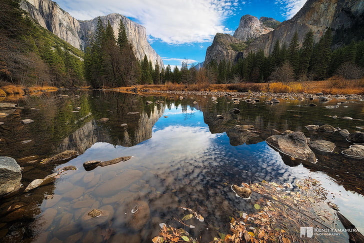 gray rock mountain, the sky, mountains, river, photographer, Yosemite National Park, Kenji Yamamura, HD wallpaper