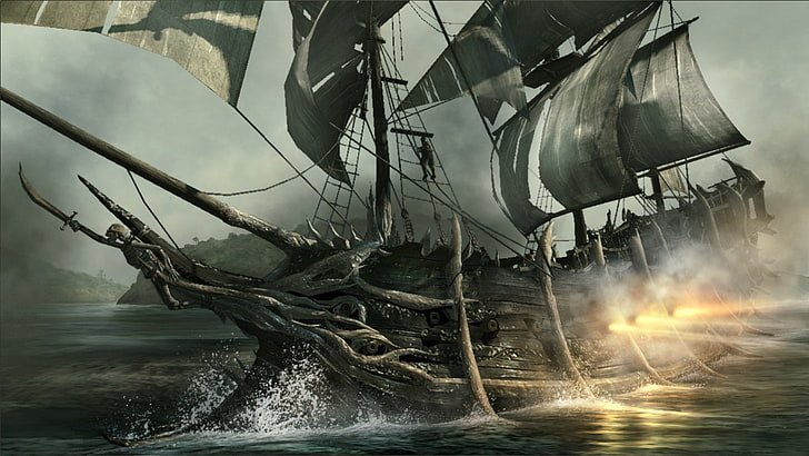 carta da parati marrone nave pirata, fantasia, pirata, battaglia, buio, gotico, oceano, nave, acqua, Sfondo HD