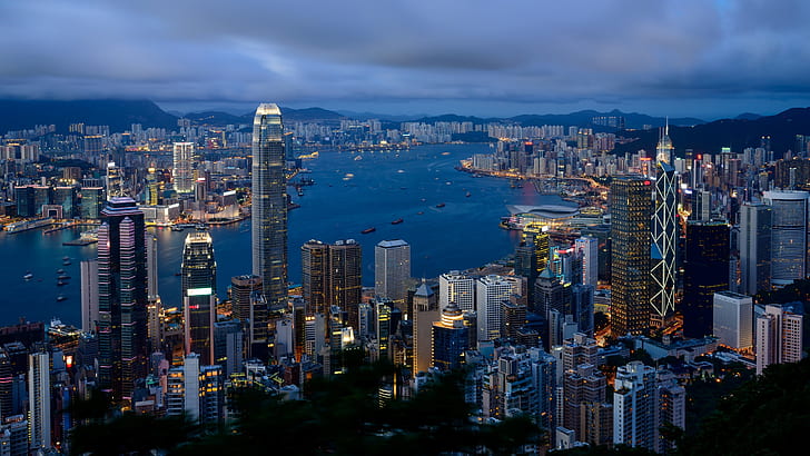 Хонконгски пейзаж, градски сгради, облачно утро, Хонг Конг, Пейзаж, Град, Сгради, Облачно, Сутрин, HD тапет
