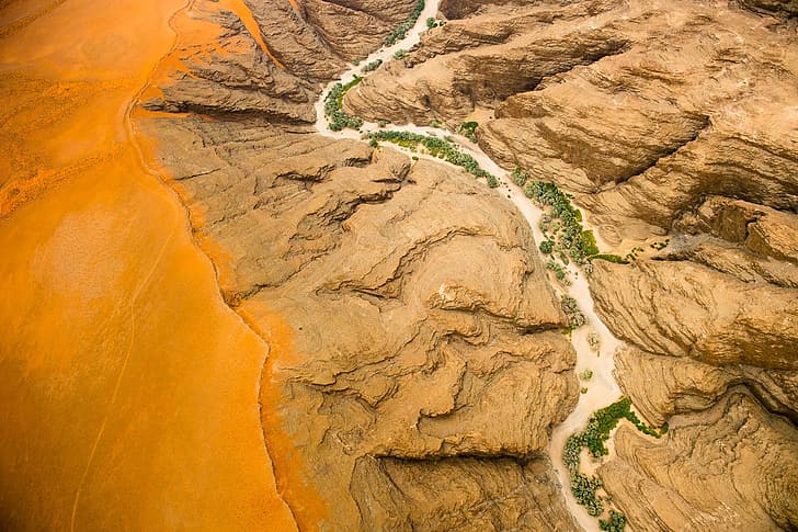 หิน ทะเลทราย พุ่มไม้ มุมมองจากด้านบน ท้องแม่น้ำแห้ง, วอลล์เปเปอร์ HD